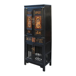 Chinese Black Golden Carving Narrow Wood Storage Wardrobe Hutch Cabinet - Accent Chests And Cabinets