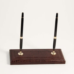 Brown Crocodile Leather Double Pen Stand - Desk Accessories