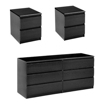 3 Piece Set with 6 Drawer Double Dresser and 2 Night Stands in Black Woodgrain