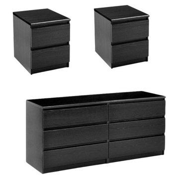 3 Piece Set with 6 Drawer Double Dresser and 2 Night Stands in Black Woodgrain