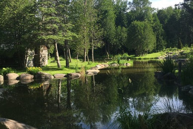 Design ideas for a huge rustic partial sun backyard pond in Other for summer.