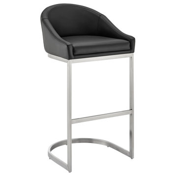 Atherik Counter Stool, Brushed Stainless Steel With Black Faux Leather