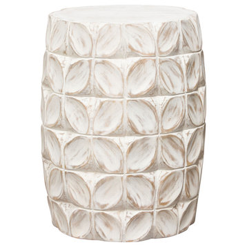 Solid Mango Wood Accent Table in Distressed White Finish Leaf Motif