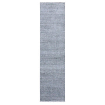 Gray, Hand Knotted Modern Grass Design, Wool and Silk Runner Rug, 2'6"x10'0"