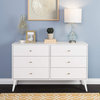 Mid Century Modern Dresser, Tapered Legs and 6 Drawers With Brass Knobs, White