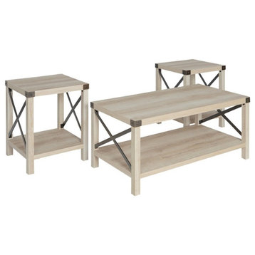 Pemberly Row 3-Piece Rustic Wood and Metal Coffee Table Set in White Oak
