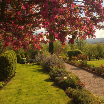 Red Blossoms and Custom Gravel Path at Rosemound Farm, Oregon