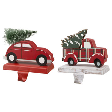 Wooden/Metal Red Car & Truck  Stocking Holder, 2-Piece Set
