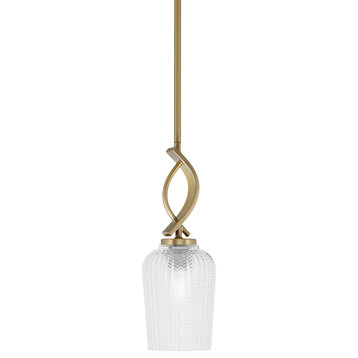 Cavella 1-Light Stem Hung Mini Pendant, New Age Brass, 5" Clear Textured Glass