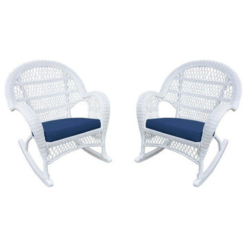 Jeco Wicker Rocker Chair in White with Blue Cushion (Set of 2)