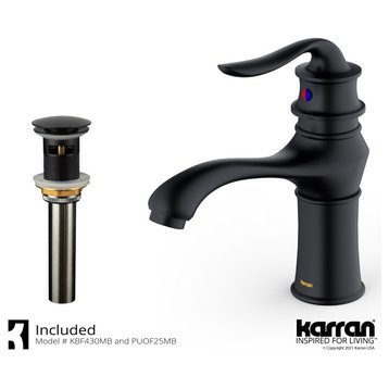 Karran KBF430 1-Hole 1-Handle Basin Faucet With Pop-up Drain, Matte Black