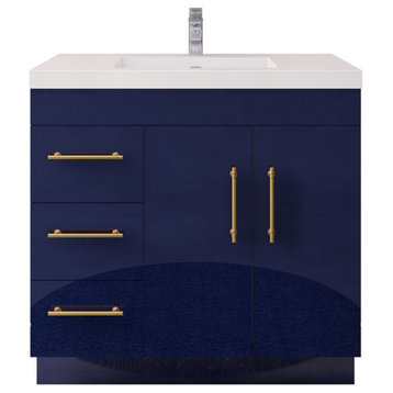 Rosa 36" Freestanding Vanity with Reinforced Acrylic Sink (Left Side Drawers), Glossy Night Blue