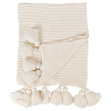 Tassey Knit Ribbed Blanket with Tassels, White 50x80
