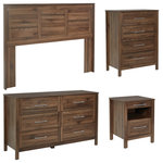 OSP Home Furnishings - Stonebrook 4 Piece Bedroom Set, Classic Walnut Finish, Classic Walnut - Create the perfect bedroom or guest room with our Stonebrook bedroom set. Suite includes: One Queen/full headboard, one USB powered nightstand, one 6-drawer dresser, one 4-drawer chest. Deep drawers make putting even bulky folded items away easy. All pieces feature sturdy metal drawer glides with safety stops, elevating Stonebrook to a bedroom favorite for years to come. Achieve a chic, modern, aesthetic with either a blonde or deep walnut woodgrain finish that will fit in effortlessly with popular styles like Rustic Coastal, Modern Farmhouse or an eclectic Boho vibe. Assembly required. 4- Drawer Dim- 31.25" W x 17.5" D x 41.25" H, 6-Drawer Dresser Dim-56.25" W x 17.5" D x 32.75" H, Night Stand Dim- 18.5" W x 18" D x 24.75" H, Queen/Full Headboard Dim- 67" W x 3" D x 48.25" H