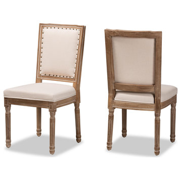 Louane French Inspired Beige Fabric Antique Brown Wood 2-Piece Dining Chair Set