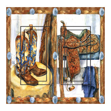 Western Saddle&Boots Double Rocker Peel and Stick Switch Plate Cover: 2 Units