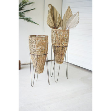 Kalalou A6243 Set Of Two Seagrass Cone Planters With Iron Stands