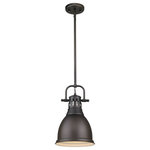 Golden Lighting - Duncan Mini Pendant With Rod, Rubbed Bronze, Rubbed Bronze - Transform the look of your room with this classic, vintage-inspired fixture by Golden Lighting. Golden Lighting's Duncan collection is contemporary style with an industrial feel. The collection features a variety of simple, traditional silhouettes that are a nod to a bygone era. A variety of plated and painted metal shade finishes are offered in combination with durable Aged Brass, Chrome or Pewter fixture bodies. Rubbed Bronze fixtures are paired with Rubbed Bronze shades. This small, rod-hung pendant features a may be hung individually or grouped over a bar.