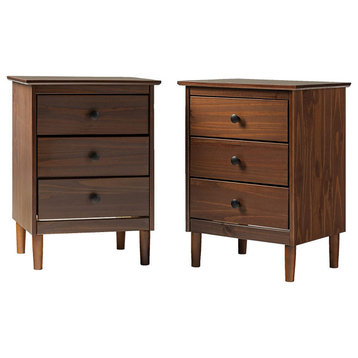Set of 2 Nightstand, 3 Spacious Drawers With Antique Bronze Knobs, Walnut