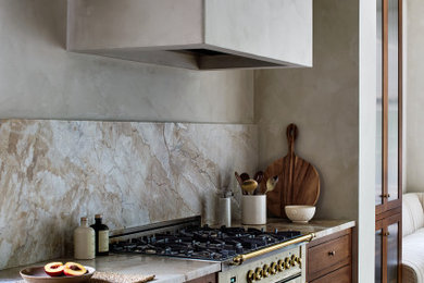 Transitional medium tone wood floor kitchen photo in DC Metro with an island