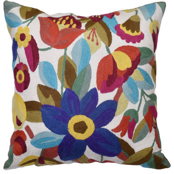 Blue Flower Floral Pillow Cover Boho Flower Hand Embroidered Wool Size 18x18