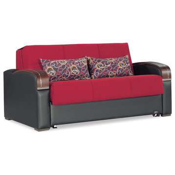 Modern Sleeper Sofa, Stitched Polyester Seat With Click Clack Technology, Red