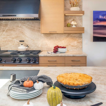 San Diego Kitchen Detail with Stone Backsplash and Custom Display Shelving