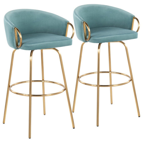 Claire 30" Fixed Height Barstool, Set of 2, Gold Metal, Light Blue Velvet