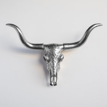 Faux Large Carved Texas Longhorn Wall Decor, Metallic Silver