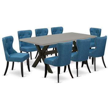 9-Piece Dining Set, 8 Chairs-Table Top and Wooden Cross Legs-Cement and Black