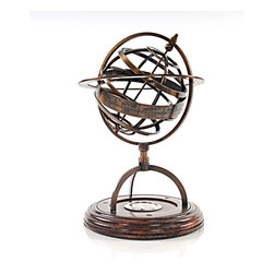 Brass AK023 Armillary with Compass on Wooden Base - Decorative Objects And Figurines