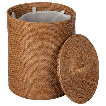Loma Round Rattan Hamper and Laundry Basket With Removable liner, Honey Brown