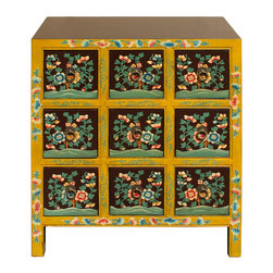 Chinese Oriental Distressed Yellow Brown Flower 9 Drawers End Table Nightstand c - Side Tables And End Tables