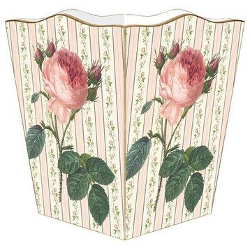 Pink Rose on Floral Stripe Wastepaper Basket