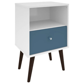 Manhattan Comfort Liberty 1-Drawer Solid Wood End Table in White/Aqua Blue