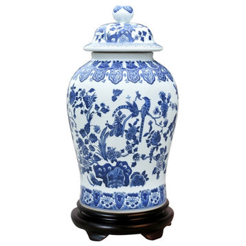 Beautiful Blue and White Porcelain Chinoiserie Bird Motif Temple Jar 19"