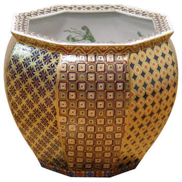 12 Inch Gilded Porcelain Yosegi Japanese Fishbowl Planter, Without Stand