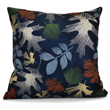 Watercolor Leaves Floral Print Outdoor Pillow, Navy Blue, 18"x18"