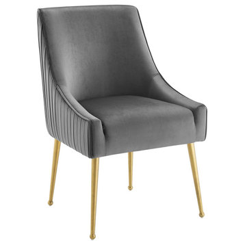 Pleated Accent Chair, Brushed Gold Dining Chair, Glam Velvet Side Chair, Grey