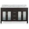 Taylor Contemporary 60" Wood Double Sink Bathroom Vanity With Marble Counter Top