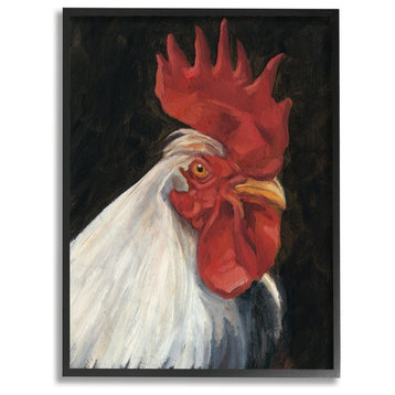 Rooster Portrait Painting on Black Framed Giclee Texturized Art, 11"x14"