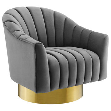 Buoyant Vertical Channel Tufted Accent Lounge Velvet Swivel Chair, Gray