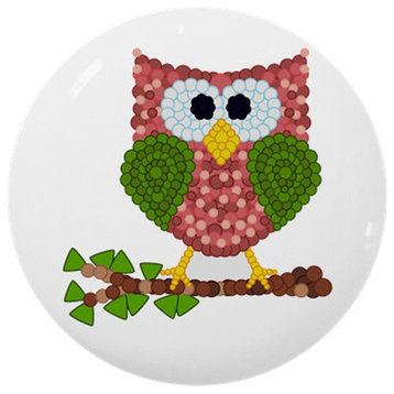 Pink Circles Owl On Limb Ceramic Cabinet Drawer Knob