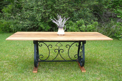 French Country Farm Table with Wrought Iron Base