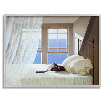 Cat Resting on White Oceanside Bed Nautical Painting, 30 x 24