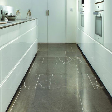 Contemporary Kitchen with Honed Marble Flooring