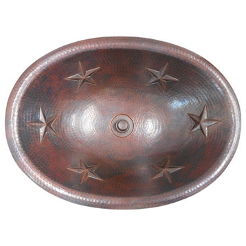 19" Oval Copper Bath Sink Rustic Stars Design Lift & Turn Drain Included