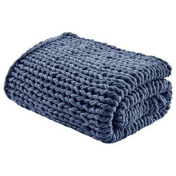 Madison Park Chunky Double Knit Handmade Throw Blanket, Blush, Navy Blue