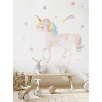 Watercolor Twinkling Unicorn with Stars Vinyl Wall Sticker, Large
