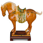 China Furniture and Arts - Tang Dynasty Tri-Color Glazed Ceramic Chinese Bay Horse Statue - Dimensions: 16"W x 5"D x 14.5"H